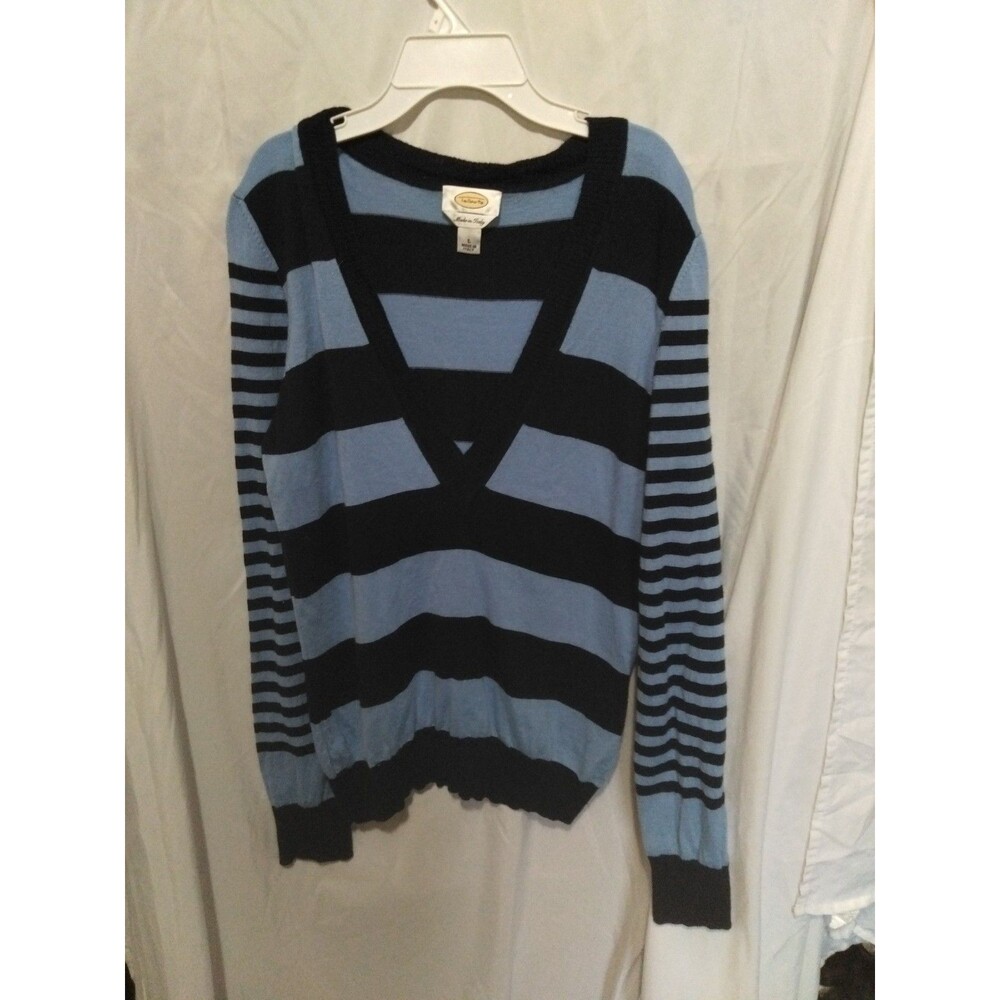 Talbots Merino Wool Sweater Womens Large  Deep V Neck Stripe Black /Blue